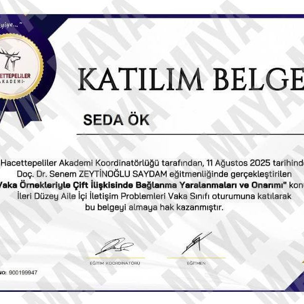 Maya Aile Danışmanlığı Danışman Seda Ök Çift İlişkisinde Bağlanma Yaralanmaları ve Onarımı Sertifikası